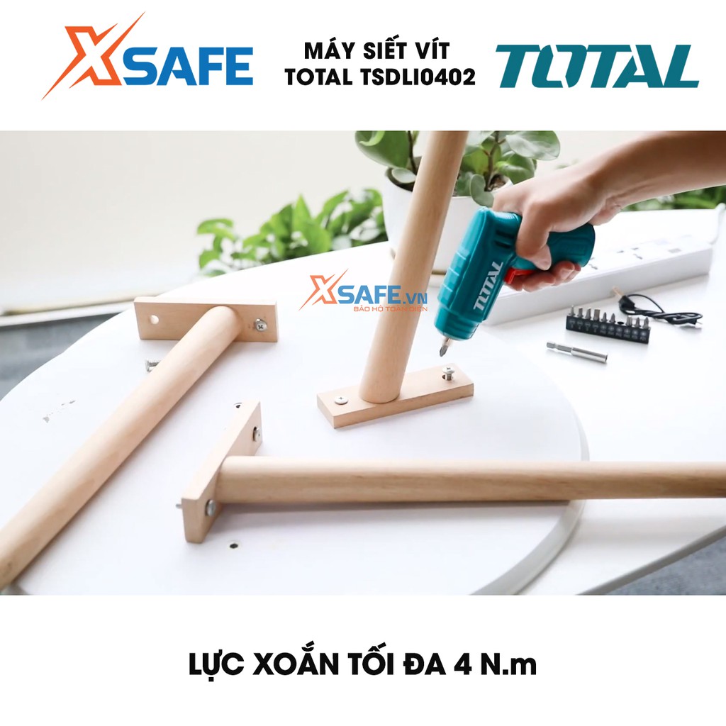 Máy bắn vít mini dùng pin 4V TOTAL TSDLI0402 đầu lục giác 1/4'', tốc độ 180v/p, lực xoắn 4nm, đèn led chiếu sáng - xsafe