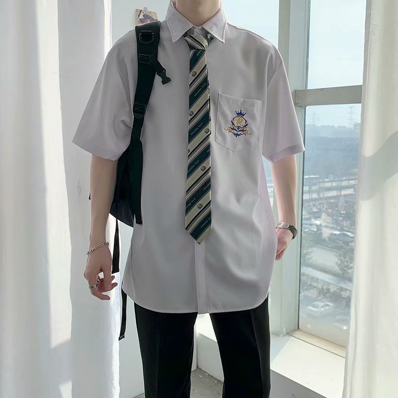 Áo Sơ Mi Đồng Phục Ngắn Tay Màu Trắng Họa Tiết Thêu Đơn Giản Cho Nam