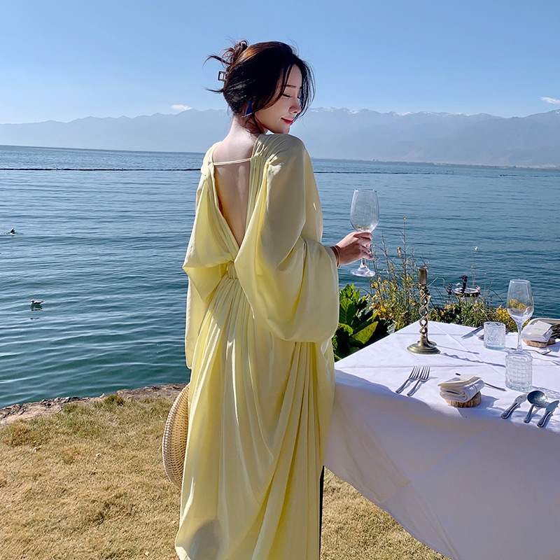 Đầm Dài Tay Màu Vàng Thời Trang Đơn Giản Cho Nữ