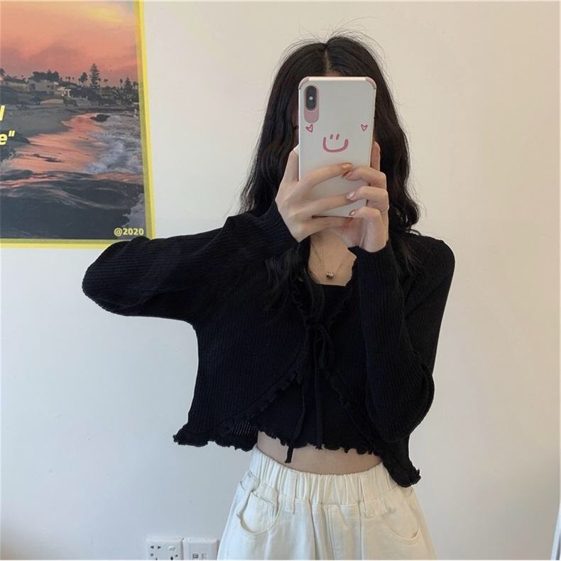 Sét áo 2 dây kèm khoác VIỀN BÈO CUỐN BIÊN xinh - Sét áo 2 dây+áo cadigan thun gân 001 💕💕💕💕