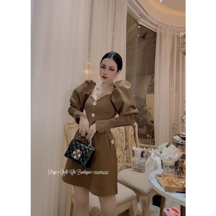 Đầm dự tiệc- Đầm body tay dài bo nút trắng nâu