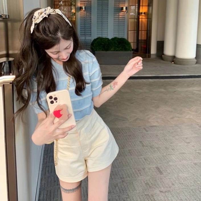 【Hana and Alice】Áo Thun Dệt Kim Tay Ngắn Dáng Rộng Chất Lụa Mềm Mại Hợp Thời Trang