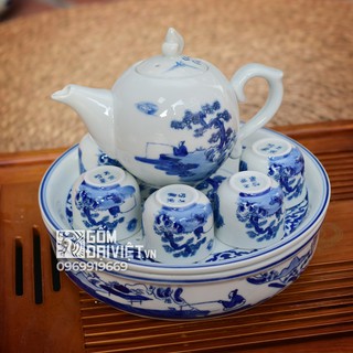 Bộ ấm chén men lam cổ Bát Tràng ông lão đánh cá khay tròn ấm chóp