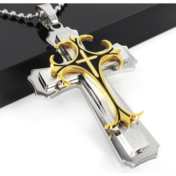 Vòng cổ Hai Lớp Mặt Hình Thánh Giá Bằng Thép Titan Phong Cách Hip Hop Âu Mỹ Cho Nam