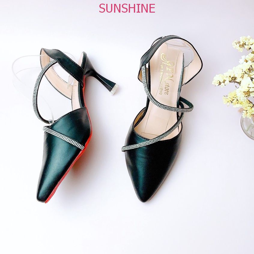 Giày cao gót gót nhọn, Sục cao gót bít mũi xoàn mảnh chéo chân 7p Sunshine store A015