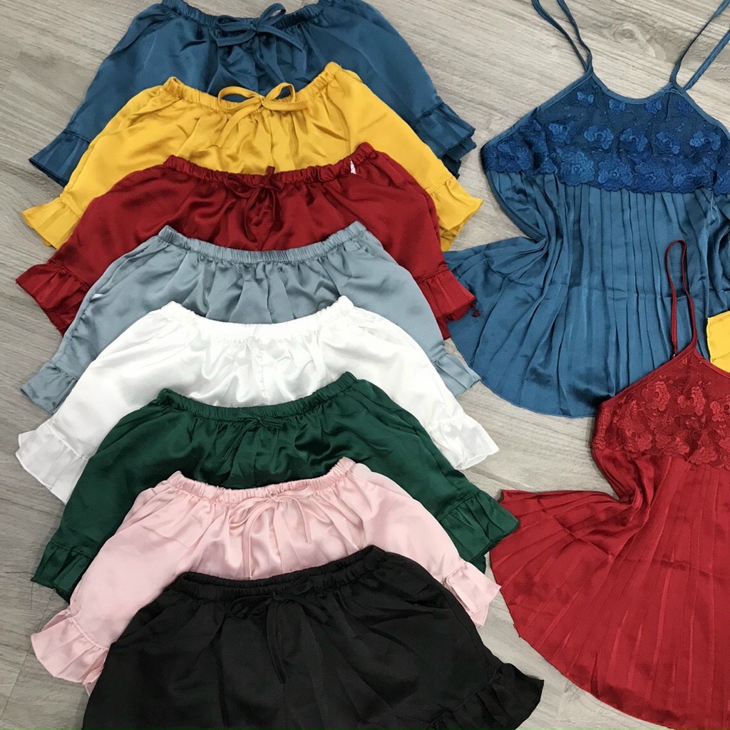 [ Lụa Cao Cấp ] Đồ ngủ sexy áo yếm 2 dây dập ly phối ren và quần đùi gợi cảm mặc nhà chất liệu lụa satin mềm mịn 013 | BigBuy360 - bigbuy360.vn