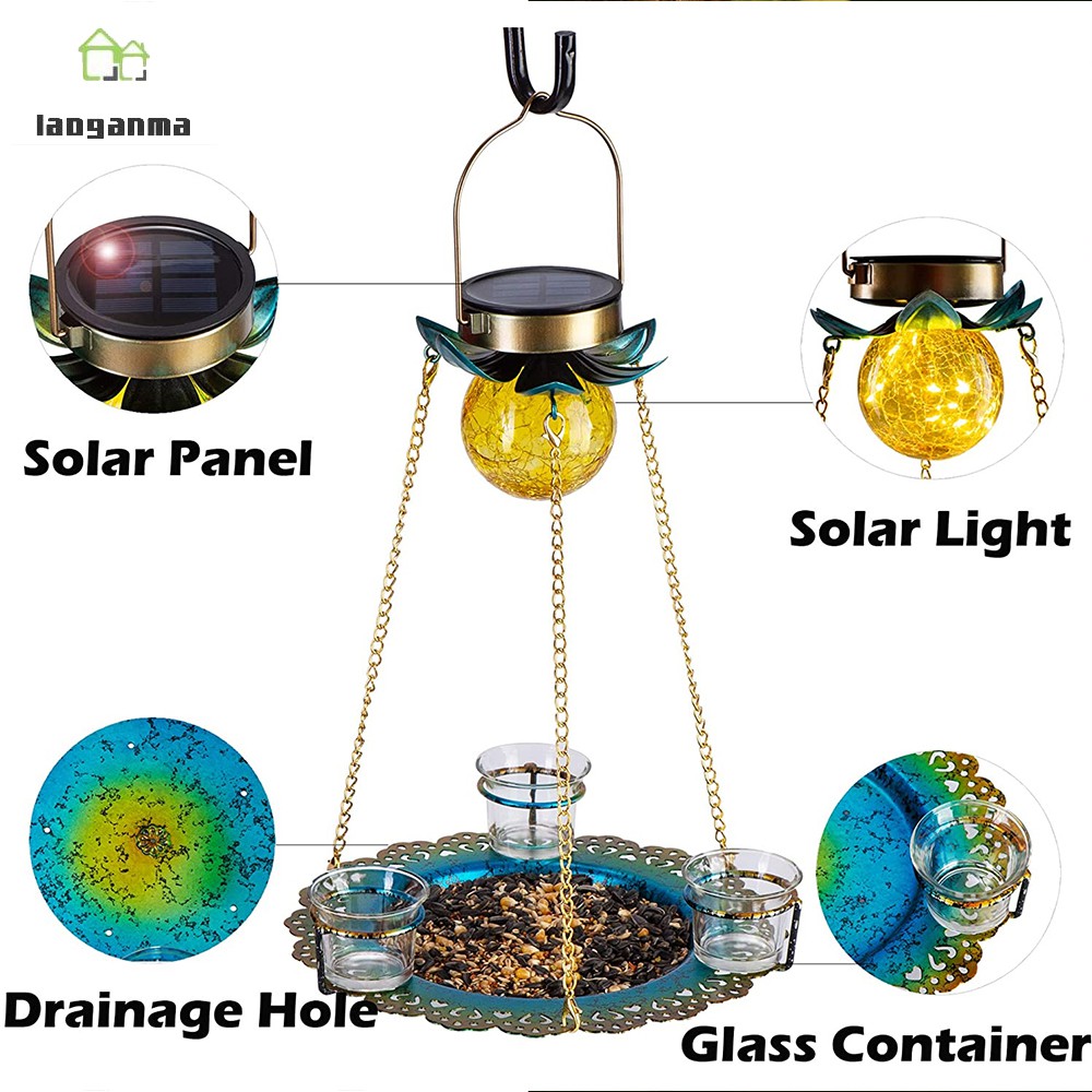 Solar Powered Birds Feeder Outdoor Hanging Waterproof Birds Food Tray Garden Metal Flower Decorative LED Lighting