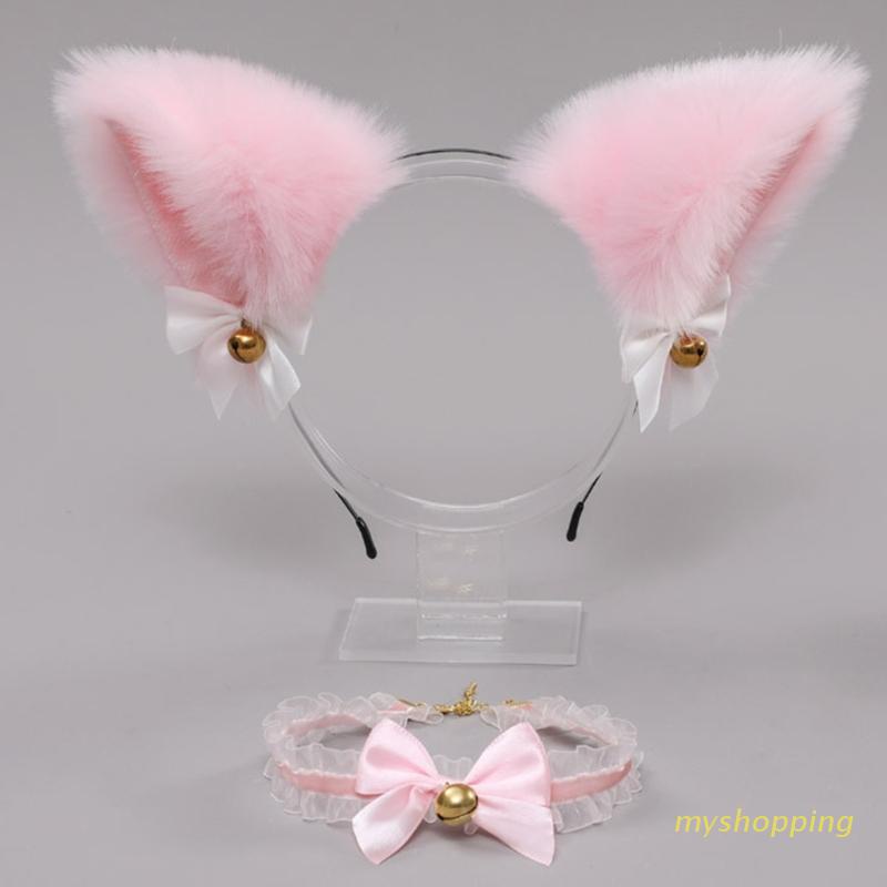 Băng đô cài tóc hình tai mèo đính lông có chuông hóa trang cho nữ
