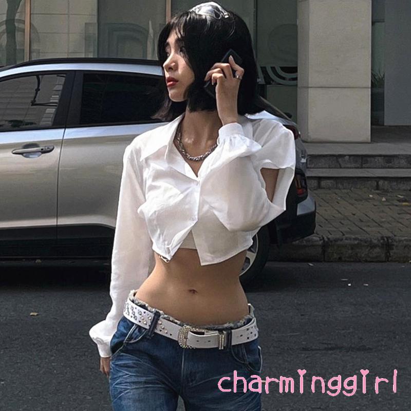 Áo Croptop Tay Dài Màu Trắng Thời Trang Xuân Thu Cho Nữ
