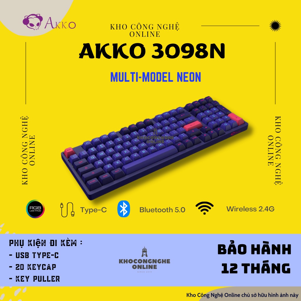 Bàn phím cơ AKKO 3098N Multi-modes NEON Bluetooth - 5.0 / Wireless 2.4G / Hotswap / Foam tiêu âm / Foam đáy / TTC switch