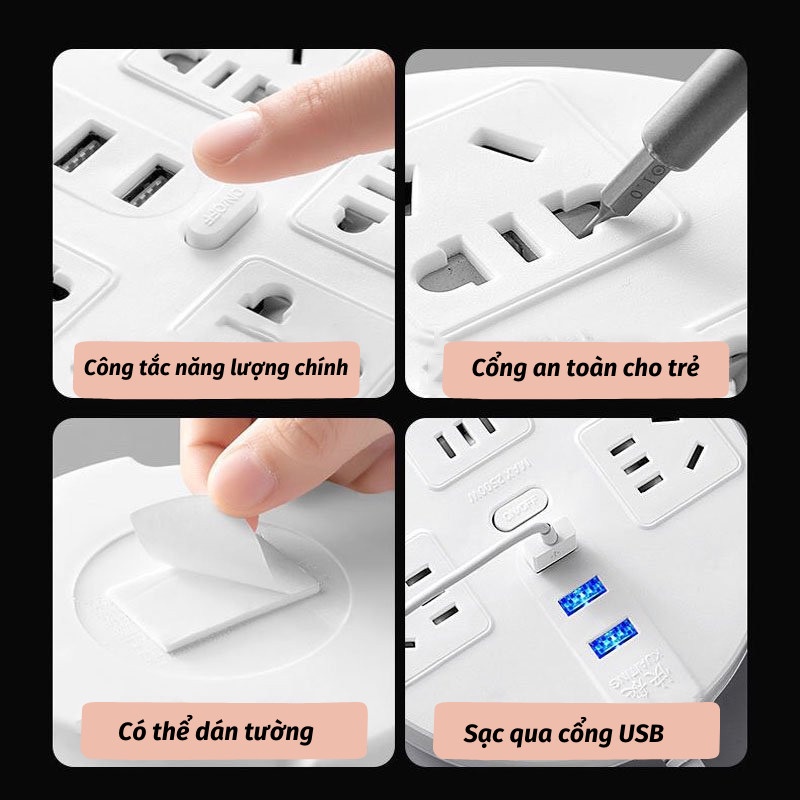 Ổ Điện Ổ Cắm Điện Đa Năng 3 Cổng USB Sạc Nhanh Vật Liệu Chống Cháy Dây Nối Dài Đèn Led Akio