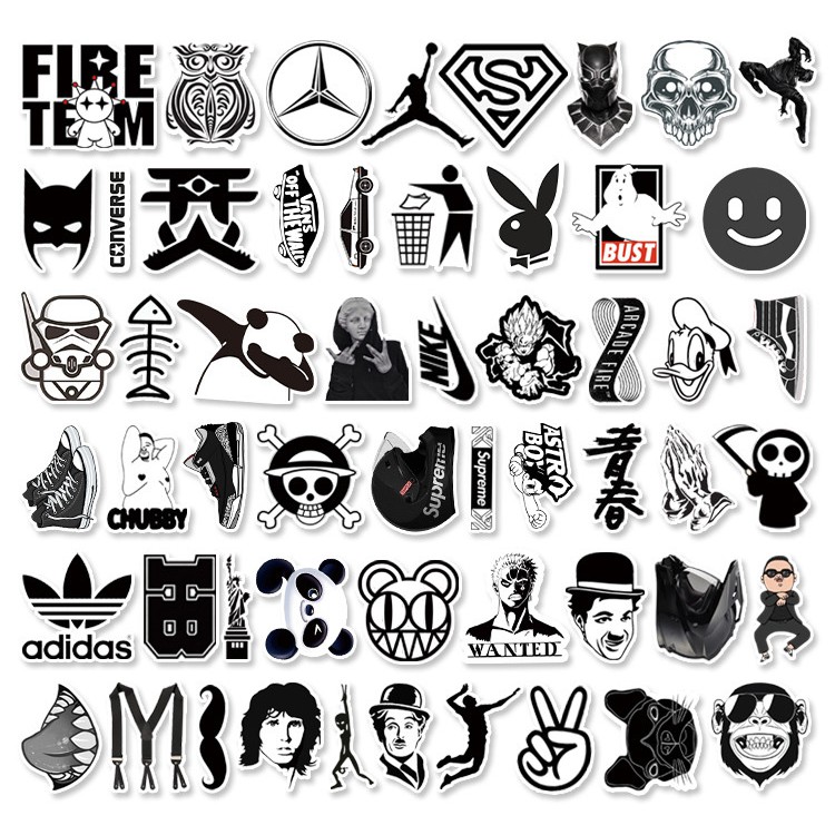 [Set 55 Cái] Sticker hoạt hình đen trắng dán trang trí laptop, mũ nón bảo hiểm, vali, xe tay ga - DB.003