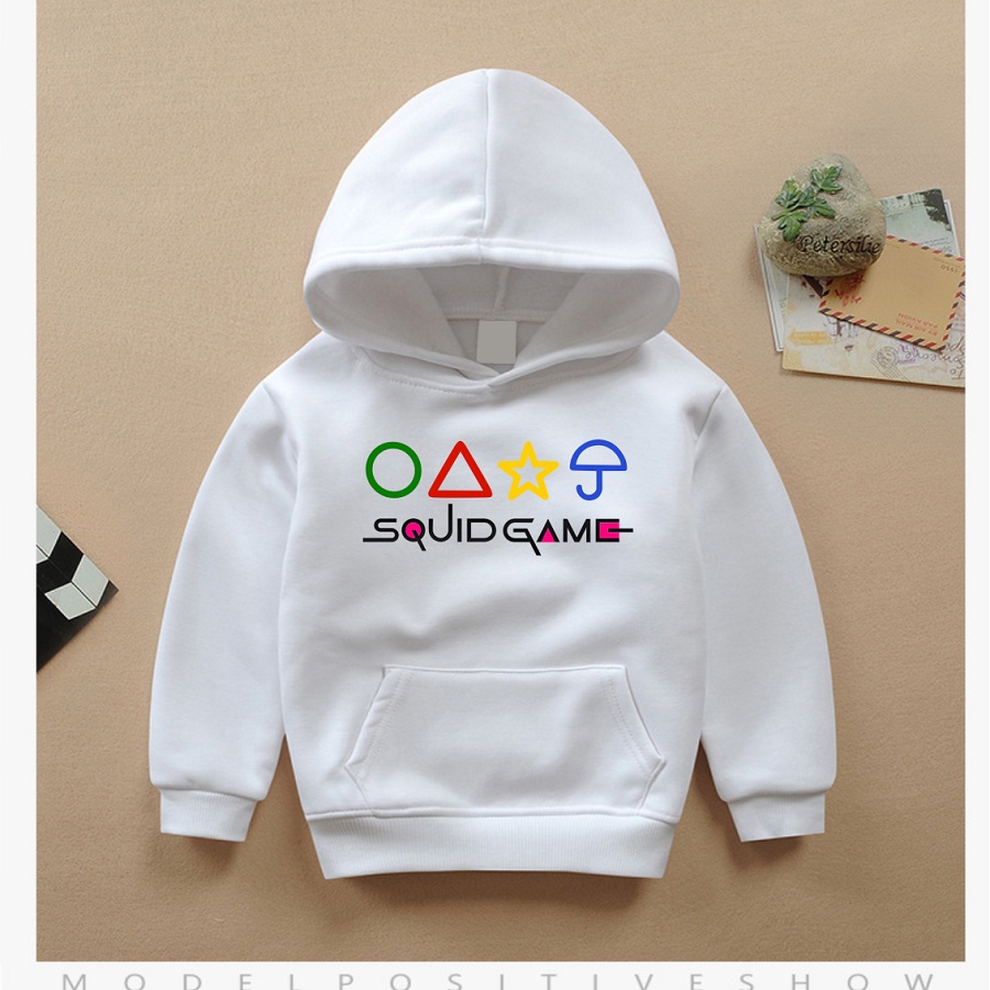 Áo squid game áo khoác hoodie trò chơi con mực màu trắng cực chất cho bé trai bé gái