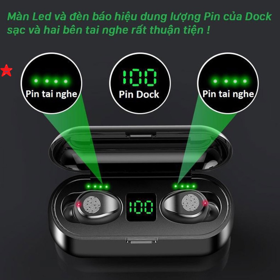 Tai Nghe Bluetooth Không Dây F9 TWS 5.0 Có Micro Nghe Gọi Cảm Ứng Chạm Chơi Game Giảm Tiếng Ồn - F9- Leli_store