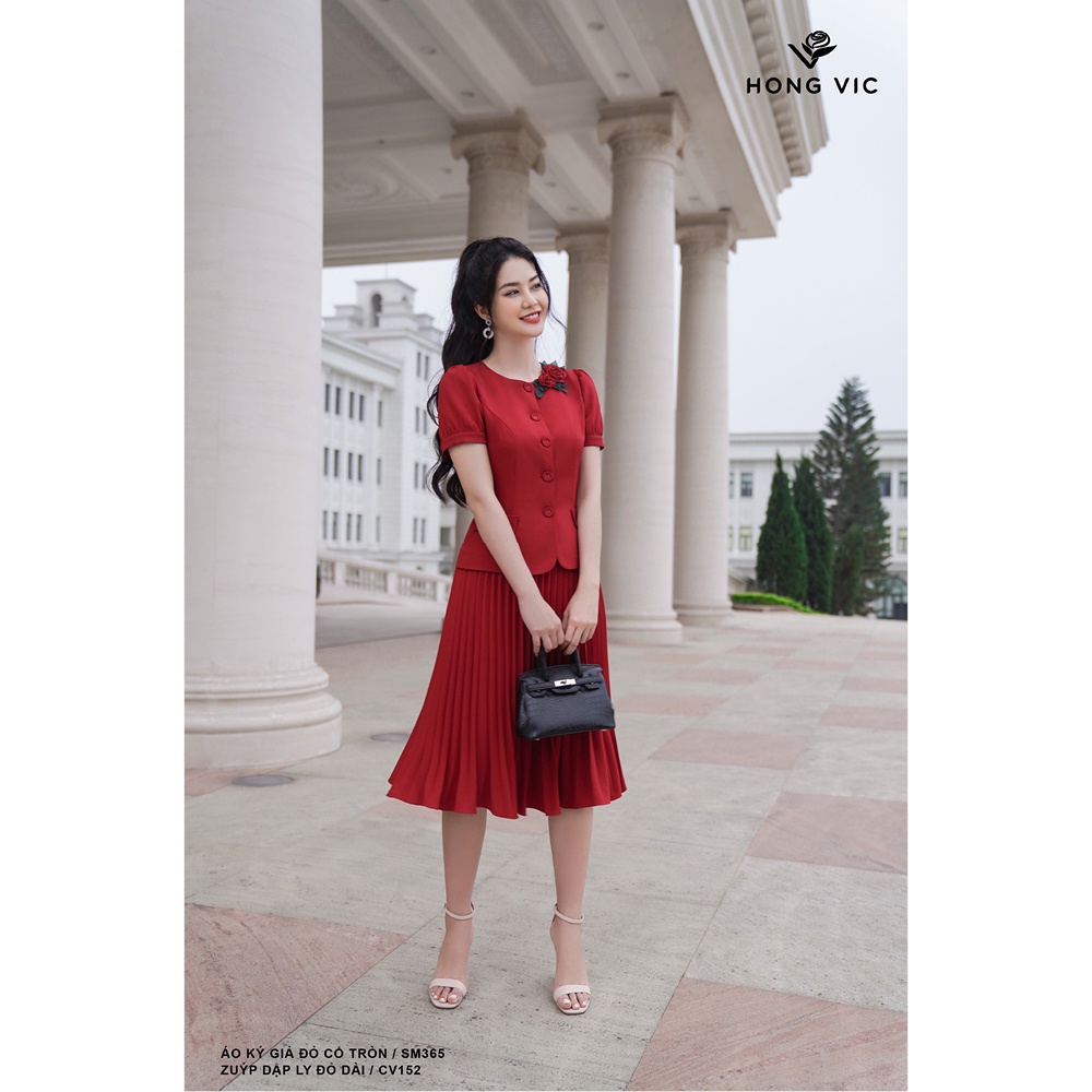 Chân váy nữ thiết kế Hong Vic dập ly đỏ dài CV152