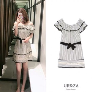 VÁY KẺ CỔ BÈO THẮT NƠ EO ZR(ẢNH THẬT)