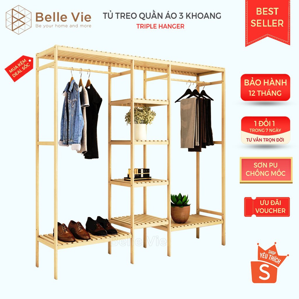 [Mã LIFEXANH03 giảm 10% đơn 500K] Tủ Quần Áo Gỗ, Kệ Đựng Đồ Đa Năng BelleVie Lắp Ráp Đơn Giản KT 151cm x 35cm x 130cm