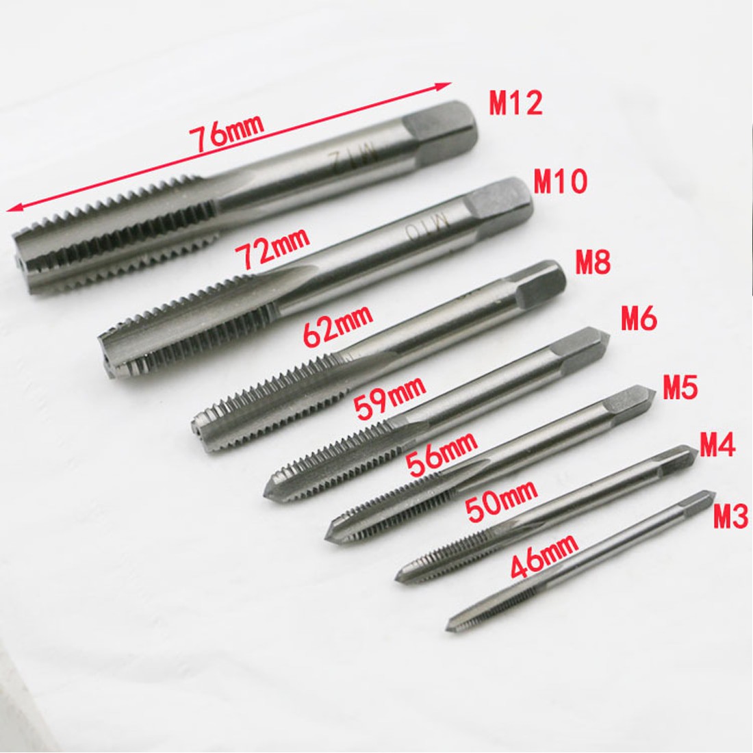 7PCS/Set Bearing Steel Taper  HSS M3-M12 Machine Spiral Point Straight Fluted Screw Thread Hand Tap Drill