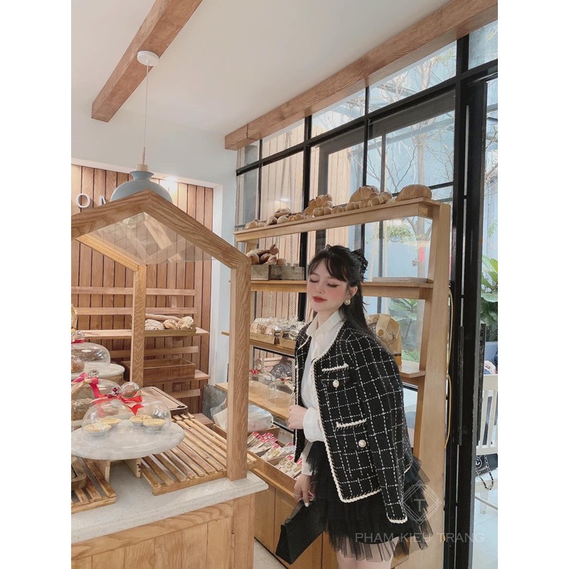 Áo khoác dạ tweed kẻ khuy ngọc dáng dài hàng chuẩn SDD | BigBuy360 - bigbuy360.vn