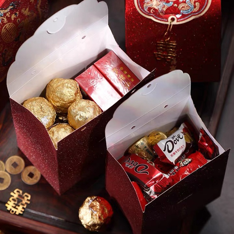 Set 5 Hộp Giấy Đựng Kẹo Cưới Màu Đỏ Phong Cách Trung Hoa
