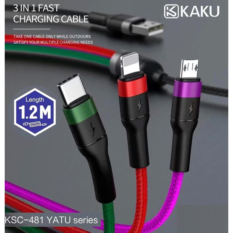 Cáp Sạc Nhanh 3 Đầu KAKU K481 - Dây Dù - NTH