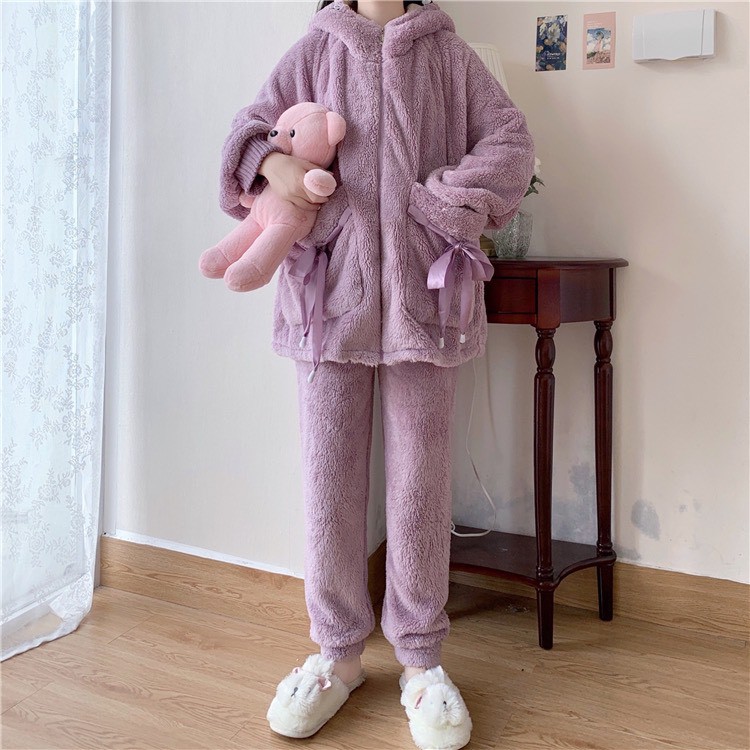 Bộ ngủ lông gấu giữ nhiệt mùa đông túi thắt nơ dễ thương,bộ đồ mặc nhà nhung bông mềm mịn 2 màu hồng tím_ TONGKHOQUANAON | BigBuy360 - bigbuy360.vn