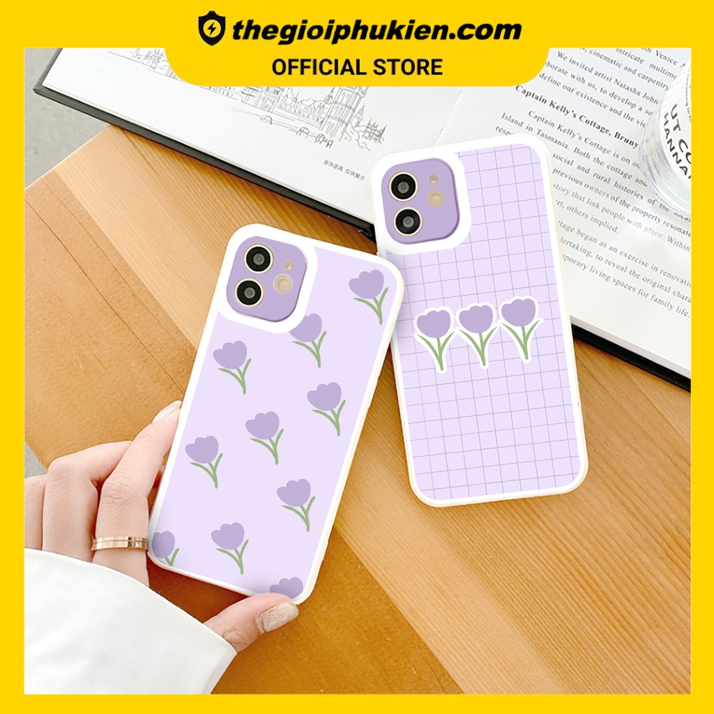 Ốp iphone - Ốp lưng iphone cạnh vuông viền camera Hoa tulip tím dành cho ip 6 đến 14promax - ng034