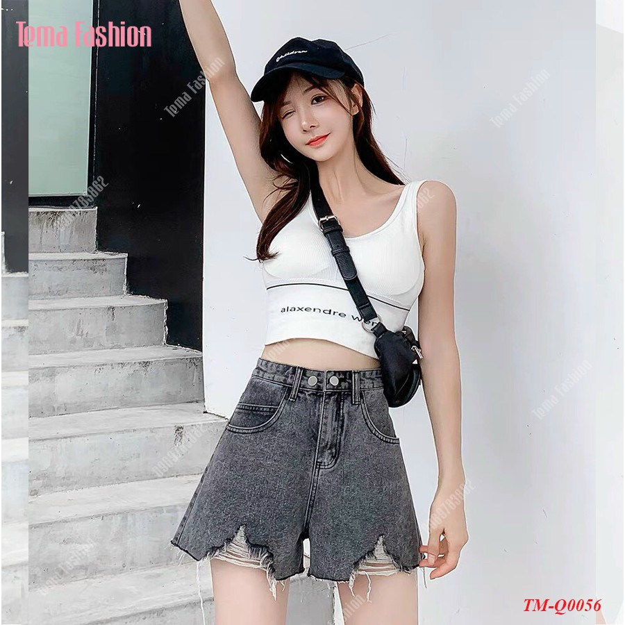 Quần short jean nữ TEMA - Quần đùi nữ jean xám gấu rách cạp cách điệu siêu xinh