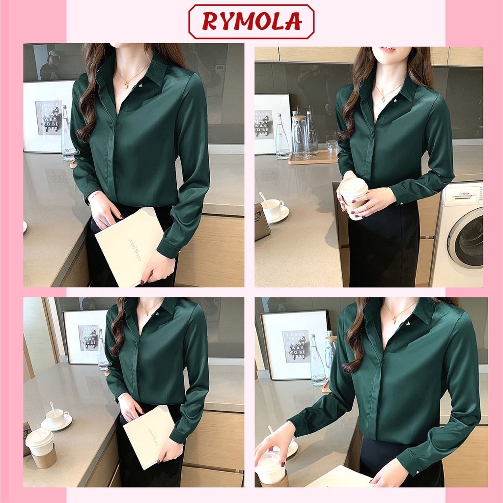 Áo Sơ Mi Nữ Công Sở Màu Xanh Cổ Đức MOLA Kiểu Hàn Quốc Vintage Ulzzang Form Rộng Dài Tay Đẹp Chất Lụa Cao Cấp A2Đ