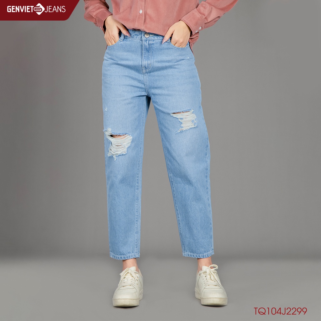 Quần Jeans Nữ Genviet Bò Jean Baggy Rách Gối Đùi Cạp Cao Chất Bò Mềm Cao Cấp TQ104J2299