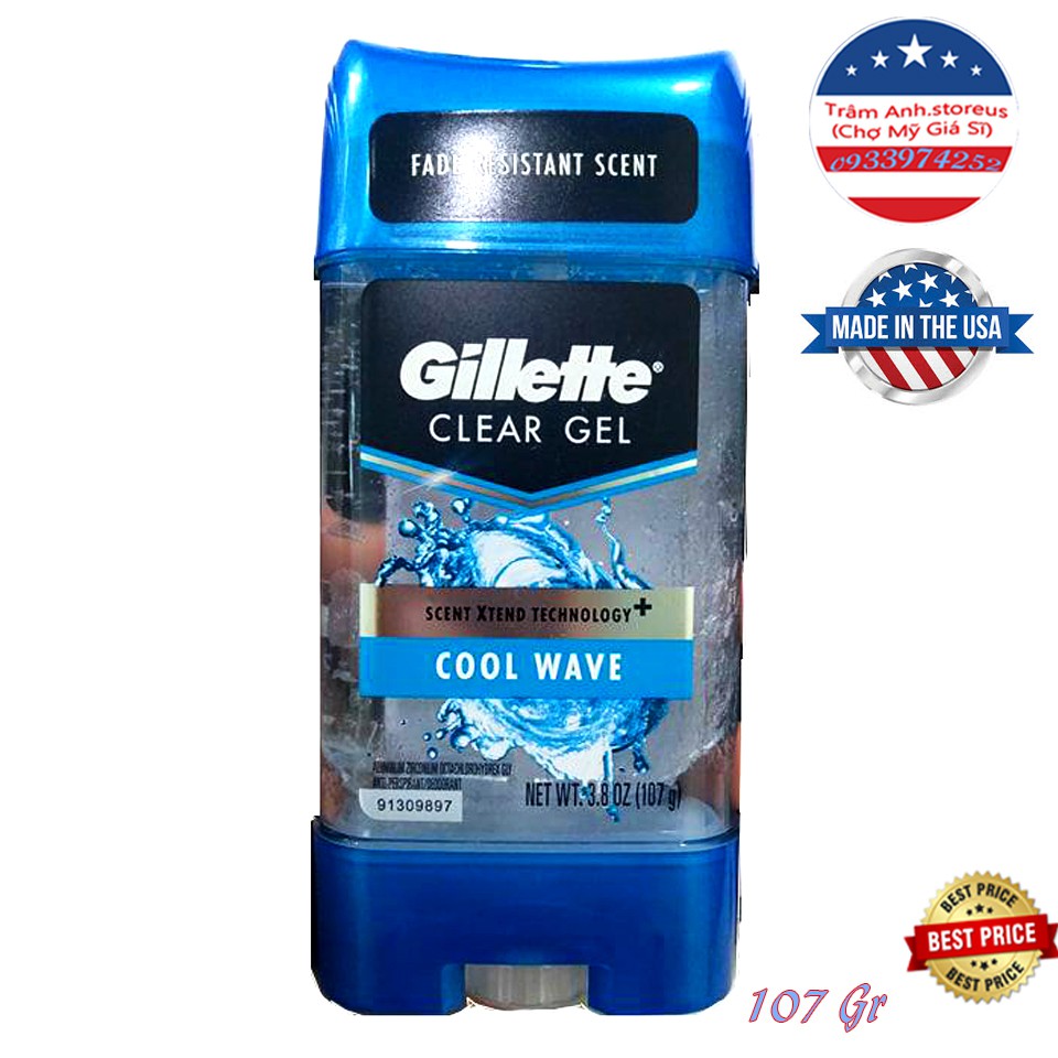 Lăn khử mùi nam dạng Gel Gillette Cool Wave 107g ngăn mồ hôi suốt 24h - Mỹ