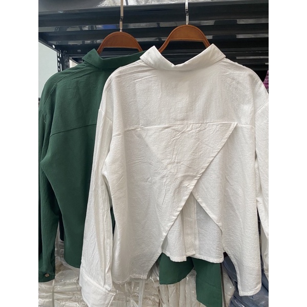 Áo sơ mi xẻ lưng, áo sơ mi xanh lá, áo sơ mi dáng ngắn xinh xắn ASM3.