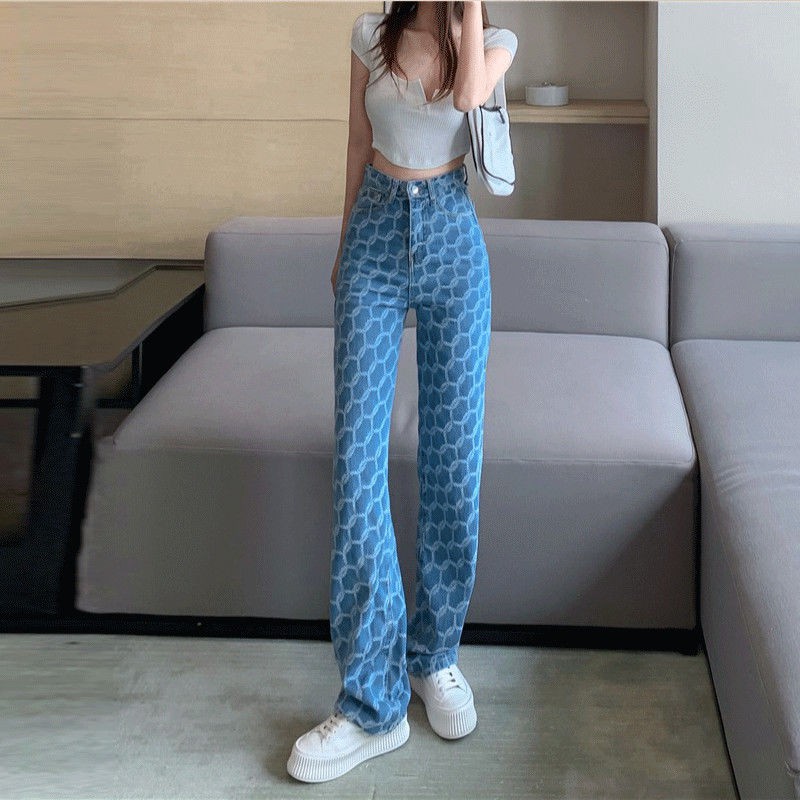 Jeans women s design sense plaid wide-legged mop pants spring and summer thin high waist loose straight ins tide