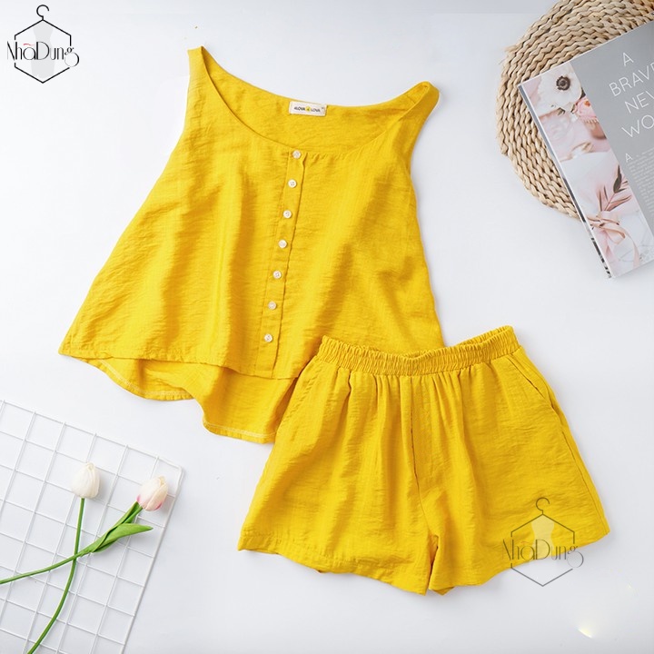 Đồ mặc nhà đồ ngủ nữ vải đũi nhăn mềm có túi cách điệu nút áo xinh xắn size từ 40-70kg | BigBuy360 - bigbuy360.vn