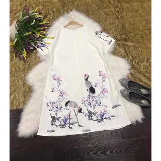 [niceshop1] Đầm bầu trắng in chim hạc