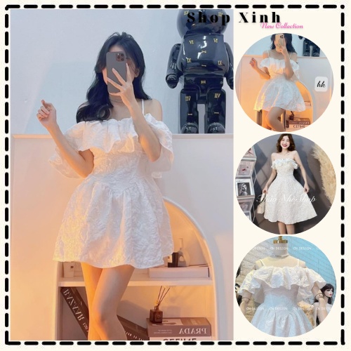 Đầm gấm hoa trễ vai 2 kiểu ( Dáng ngắn/dáng dài), Váy gấm hoa tay bồng cho nàng dự tiệc 𝐒𝐡𝐨𝐩 𝐗𝐢𝐧𝐡