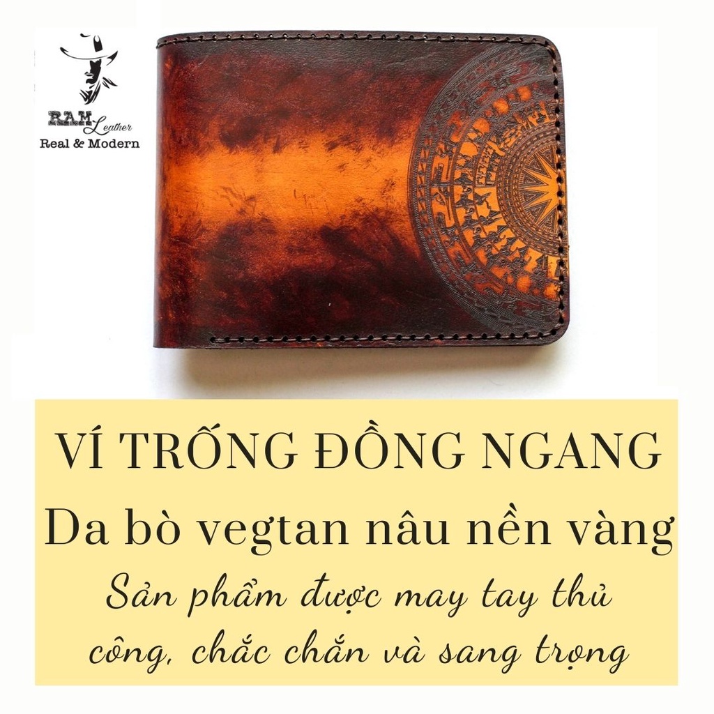 Ví nam nữ RAM Leather da bò Italia vegtan vintage màu nâu đỏ trống vàng