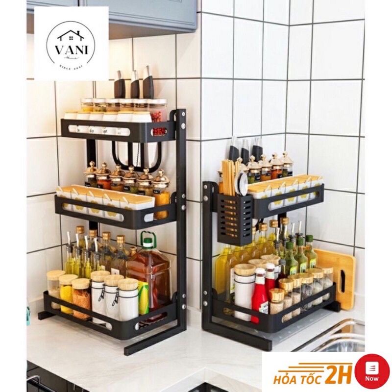 Kệ gia vị inox 3 tầng phun sơn tĩnh điện - Kệ để đồ nhà bếp 3 tầng đa năng đầy đủ phụ kiện