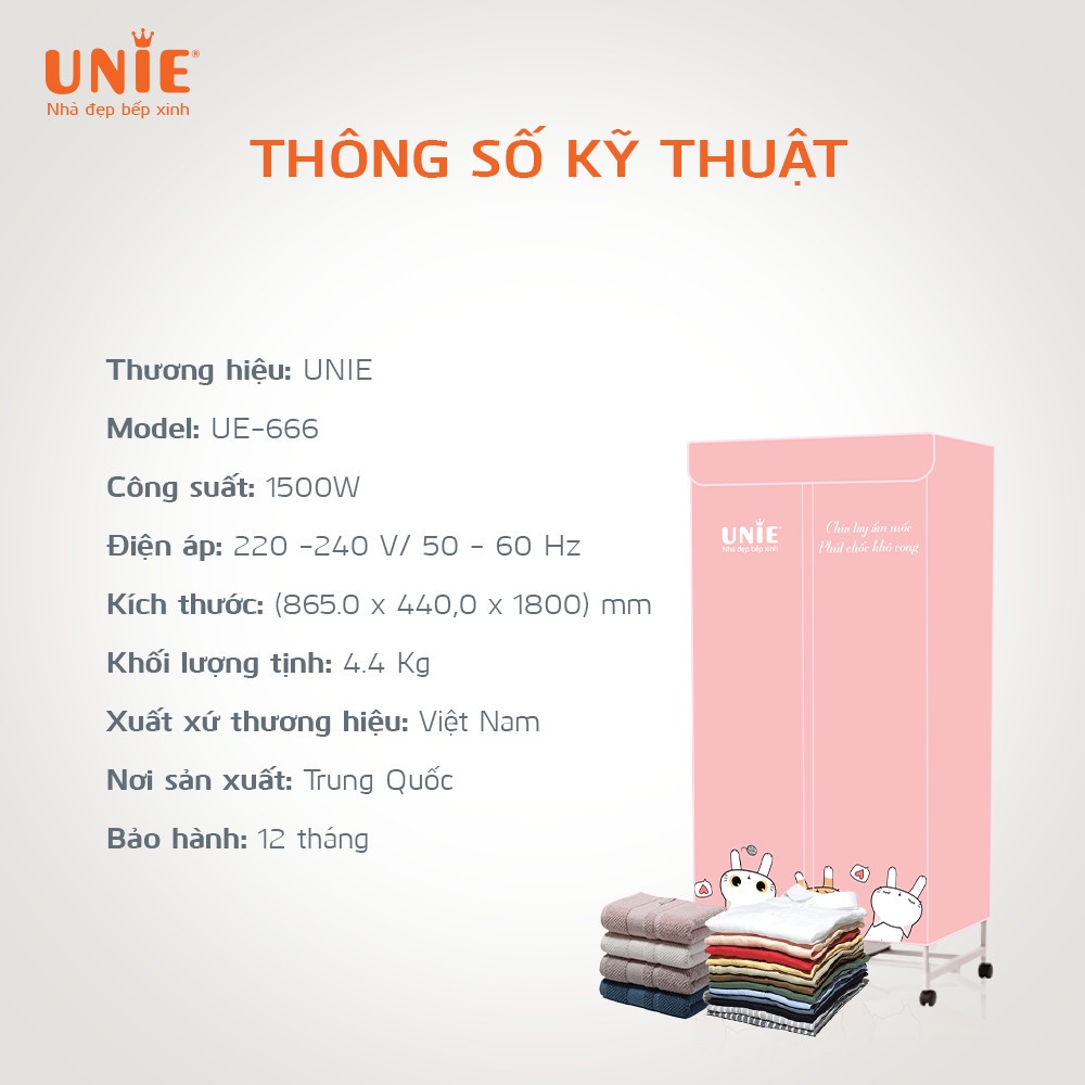 Tủ sấy quần áo UNIE UE-666 công suất 1500W - Hàng chính hãng