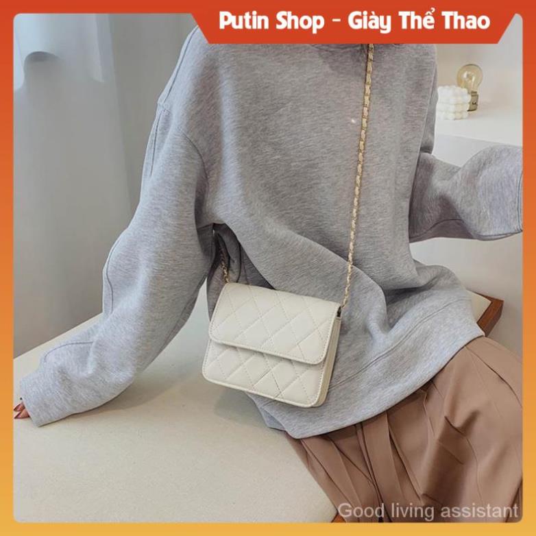 Túi xách đeo chéo phối dây xích phong cách Hàn quốc, Túi xách khoác vai caro các màu trắng kem đen xịn sò