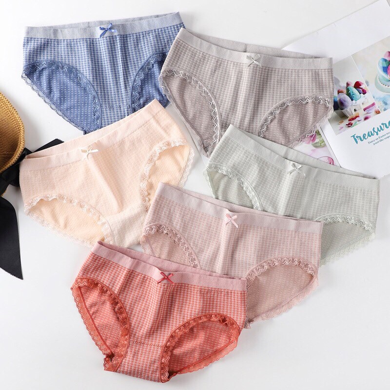Quần Lót Cotton Co Giãn 4 Chiều Kẻ Caro Viền Ren Dễ Thương 555