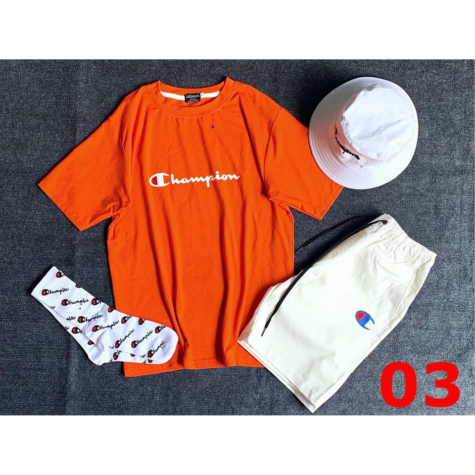 Combo Quần Short Kaki Và Áo Thun Nam Nữ Champion Unisex