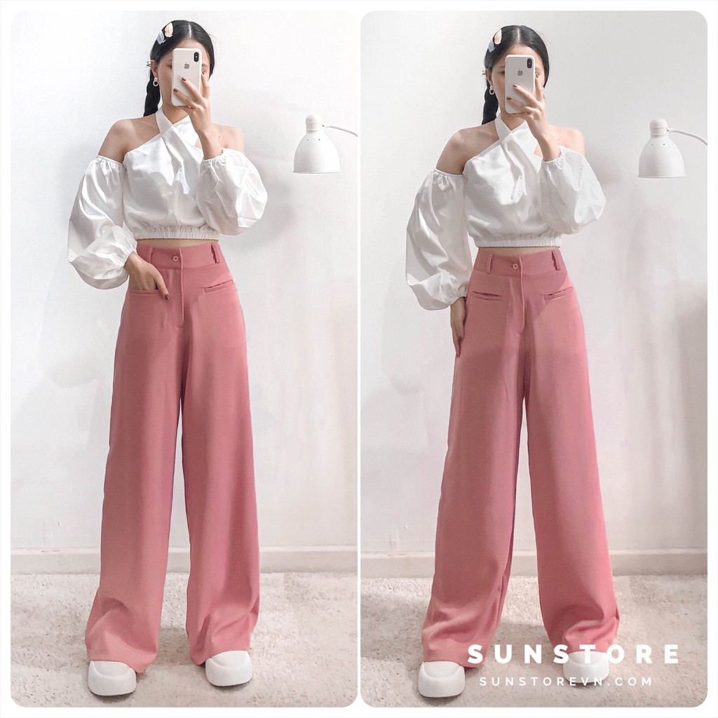 Quần ống rộng túi mổ culottes dáng suông dài cài nút lưng cao chất rũ THRE PANT