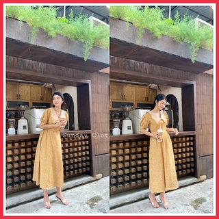 Váy hoa nhí lụa Vintage dáng dài xoè, cổ bèo phối sang chảnh
