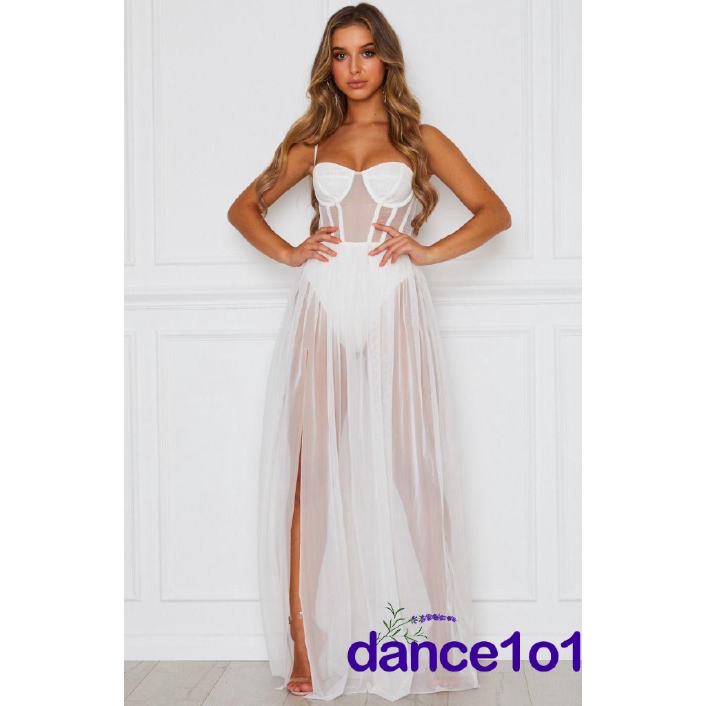 Đầm dài hai dây chất vải xuyên thấu phong cách quyến rũ