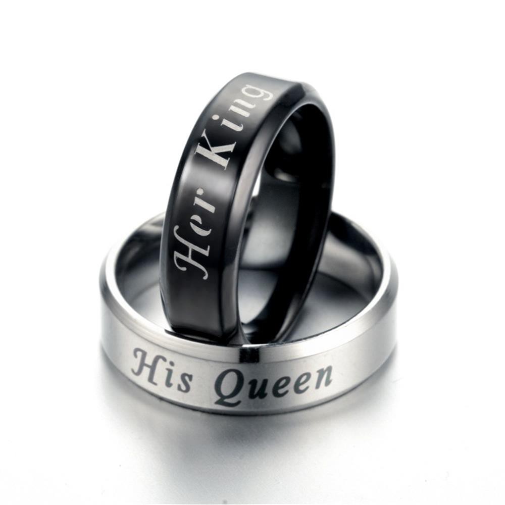 Nhẫn Khắc Chữ His Queen / Her King Bằng Thép Không Gỉ Cho Cặp Đôi
