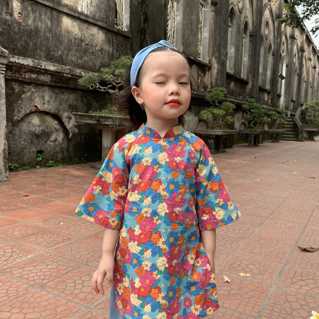 Áo dài cho bé gái Samkids  chất liệu thô cotton quần lụa ngọc trai, họa tiết hoa cực xinh cho bé