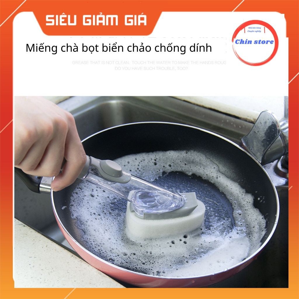 Bàn chải cọ rửa chén bát xoong nồi nhà bếp 2 in 1 tay cầm dài