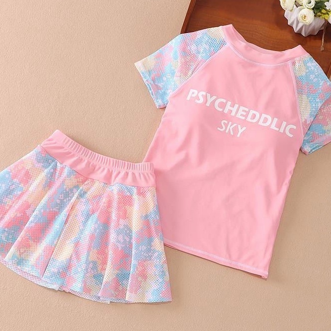 Aiyaya Đồ Bơi Bé Gái Bộ Đồ Bơi Thể Thao Phối Lưới Thời Trang Mùa Hè Cho Bé màu xanh hồng （194）