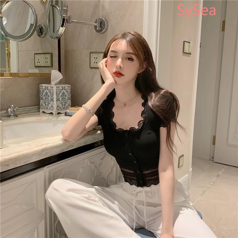 Áo Dệt Kim Phối Ren Thời Trang Mùa Hè Quyến Rũ Cho Nữ